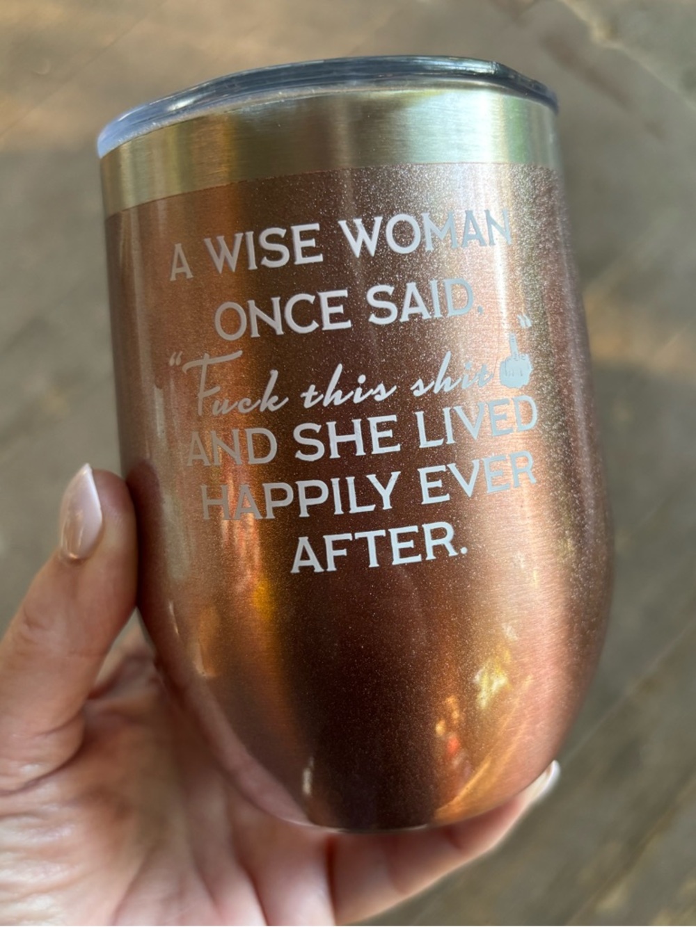 Metallic Pink Insulated Wine Tumbler with White Script & Silver Rim - Wise Woman